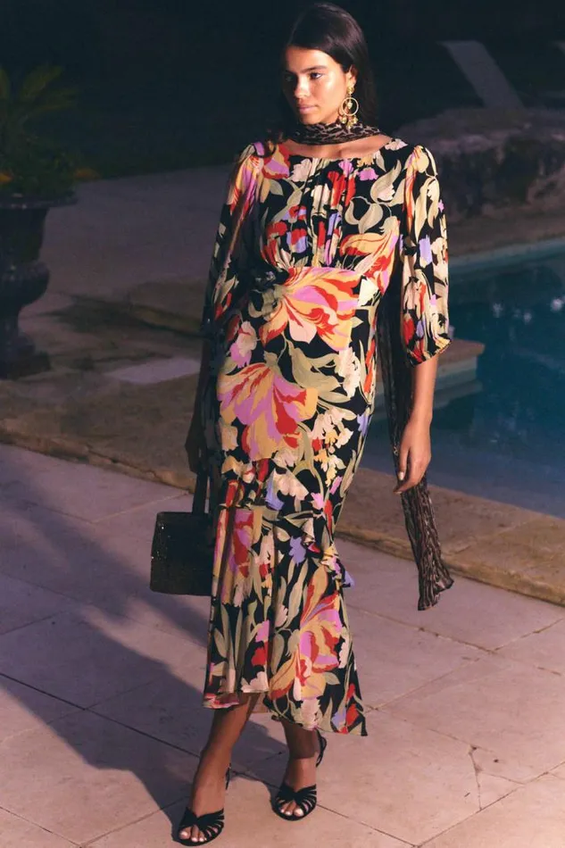 Rixo Dresses Women Cheryl Silk Midi Dress Cece Floral Black