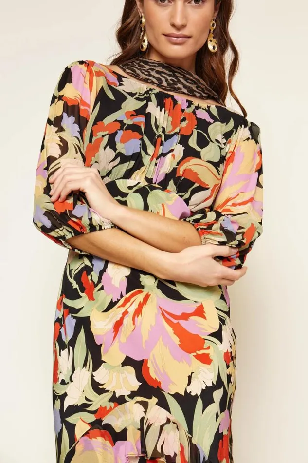 Rixo Dresses Women Cheryl Silk Midi Dress Cece Floral Black