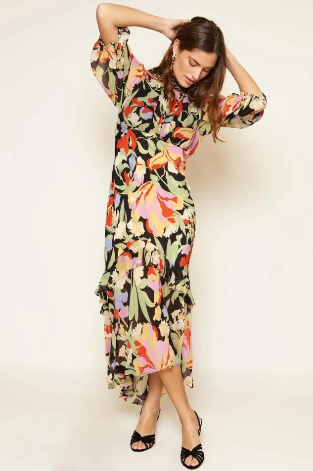 Rixo Dresses Women Cheryl Silk Midi Dress Cece Floral Black