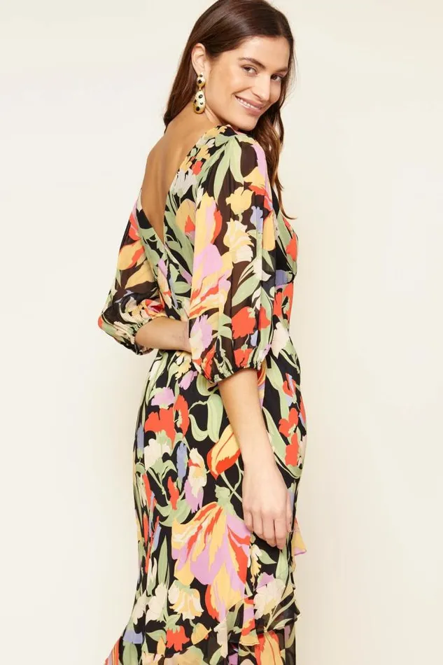 Rixo Dresses Women Cheryl Silk Midi Dress Cece Floral Black