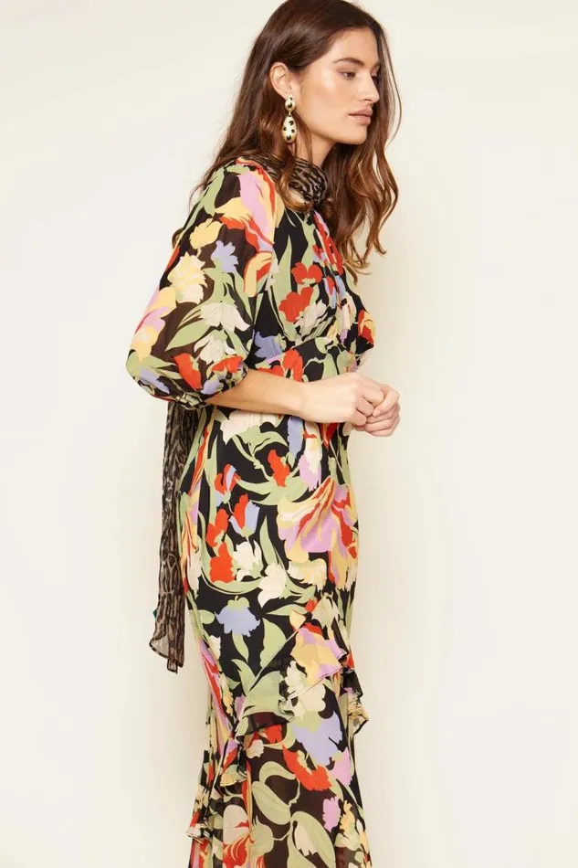 Rixo Dresses Women Cheryl Silk Midi Dress Cece Floral Black