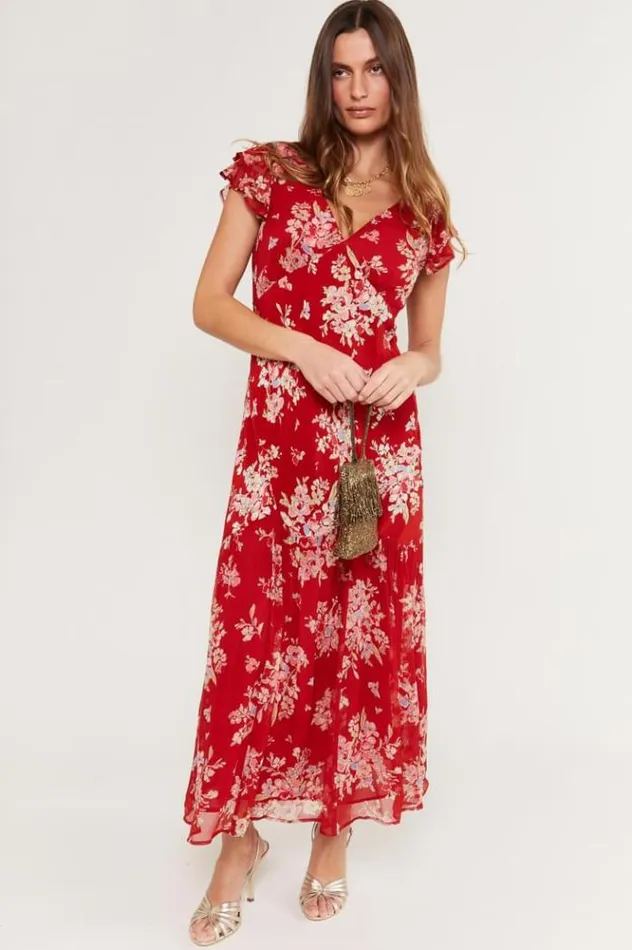 Rixo Dresses Women Cinzia Silk Maxi Dress Bouquet Floral Merlot