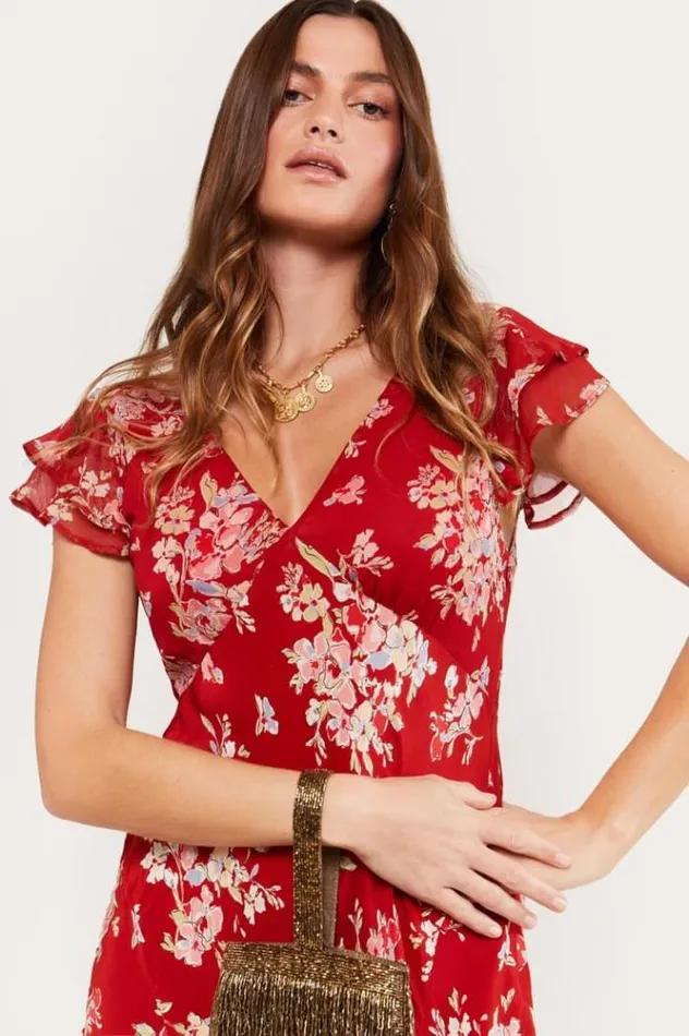 Rixo Dresses Women Cinzia Silk Maxi Dress Bouquet Floral Merlot