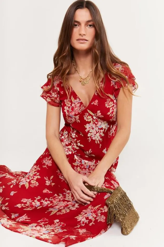 Rixo Dresses Women Cinzia Silk Maxi Dress Bouquet Floral Merlot