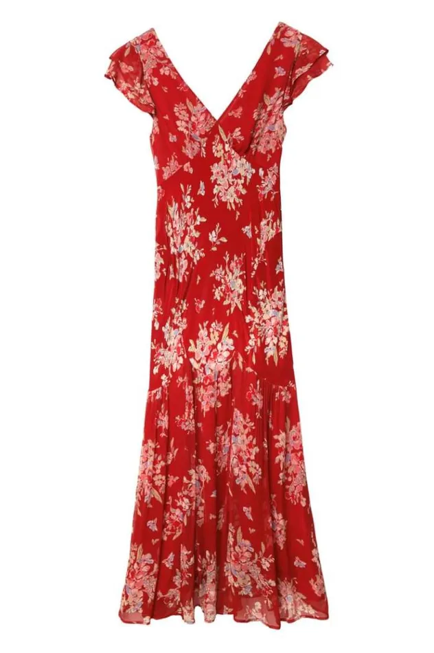 Rixo Dresses Women Cinzia Silk Maxi Dress Bouquet Floral Merlot