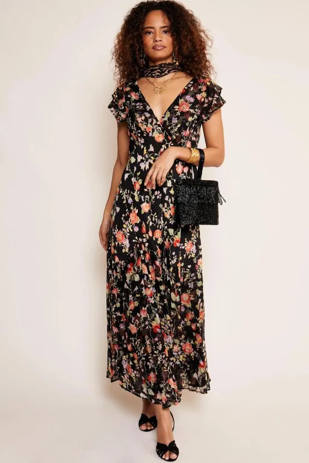Rixo Dresses Women Cinzia Silk Maxi Dress Waterblossom Noir