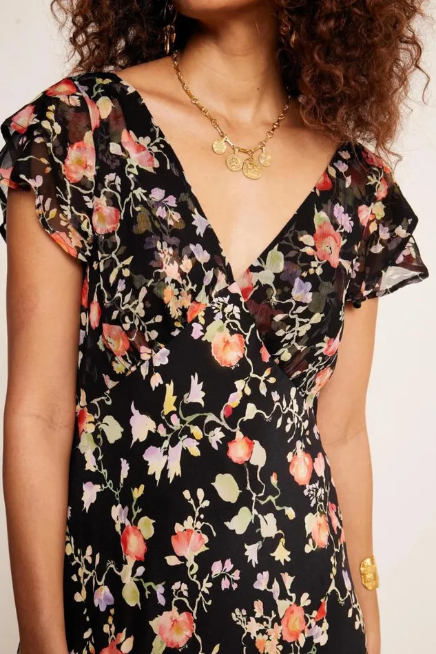Rixo Dresses Women Cinzia Silk Maxi Dress Waterblossom Noir