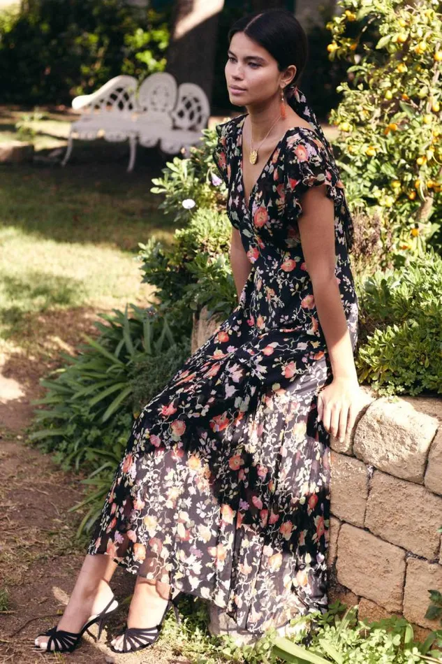 Rixo Dresses Women Cinzia Silk Maxi Dress Waterblossom Noir