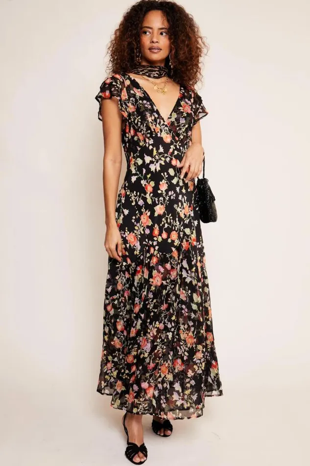 Rixo Dresses Women Cinzia Silk Maxi Dress Waterblossom Noir