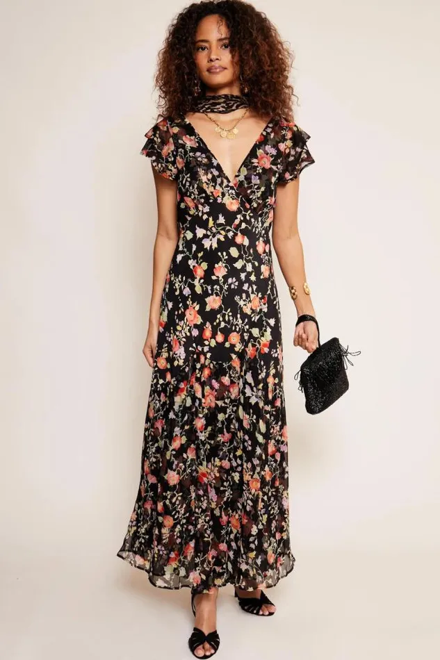 Rixo Dresses Women Cinzia Silk Maxi Dress Waterblossom Noir