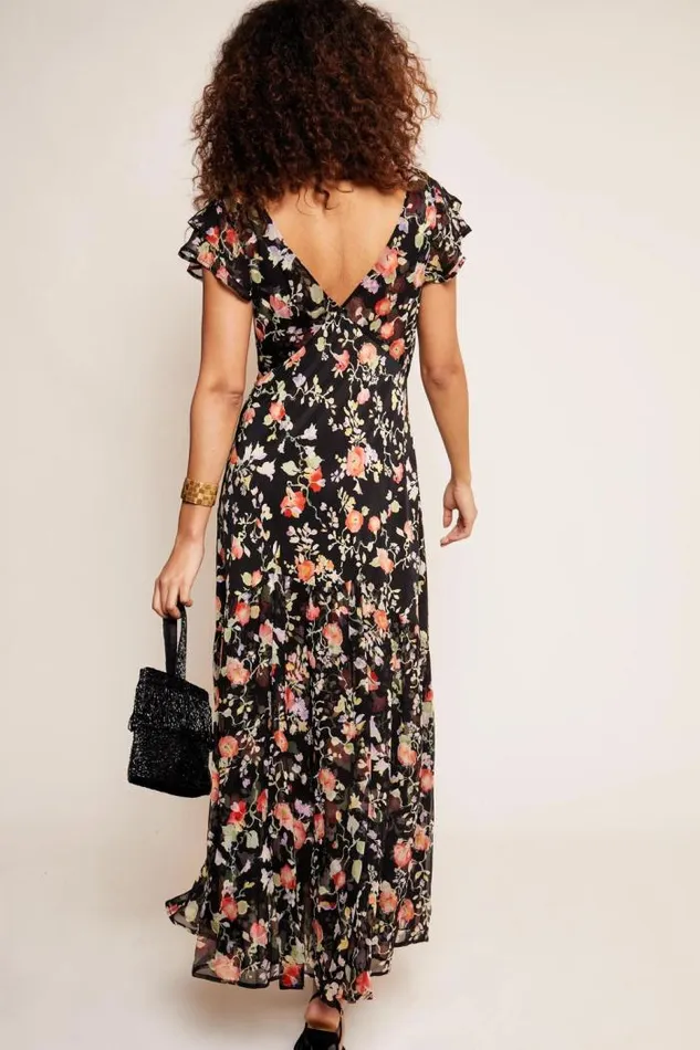 Rixo Dresses Women Cinzia Silk Maxi Dress Waterblossom Noir