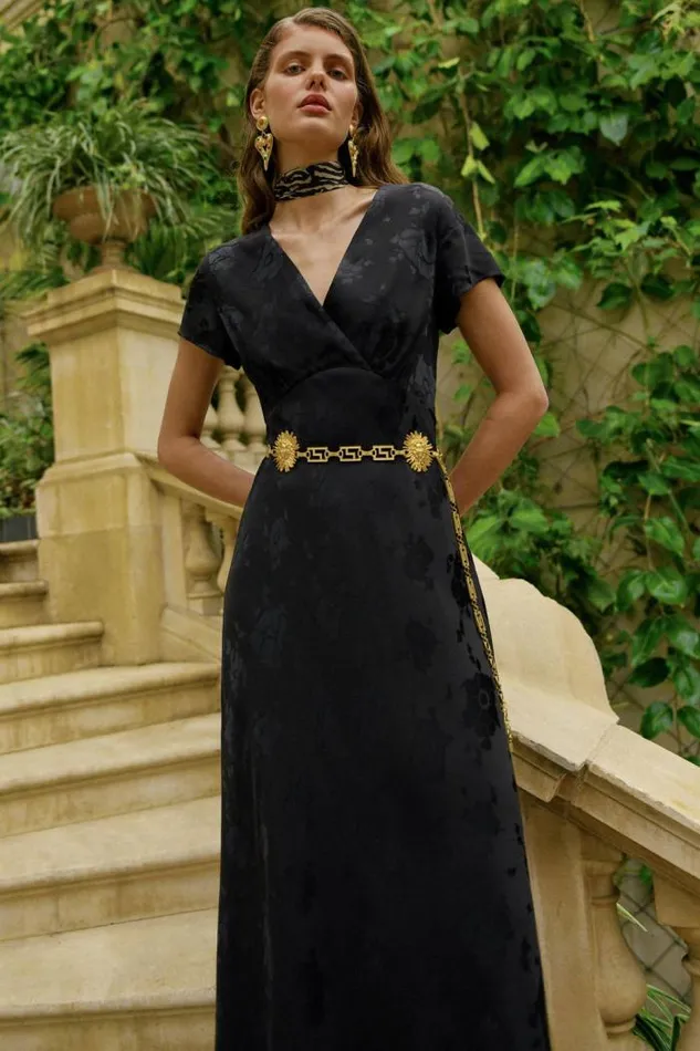 Rixo Dresses Women Clarissa Midi Dress Black Poppy Jacquard