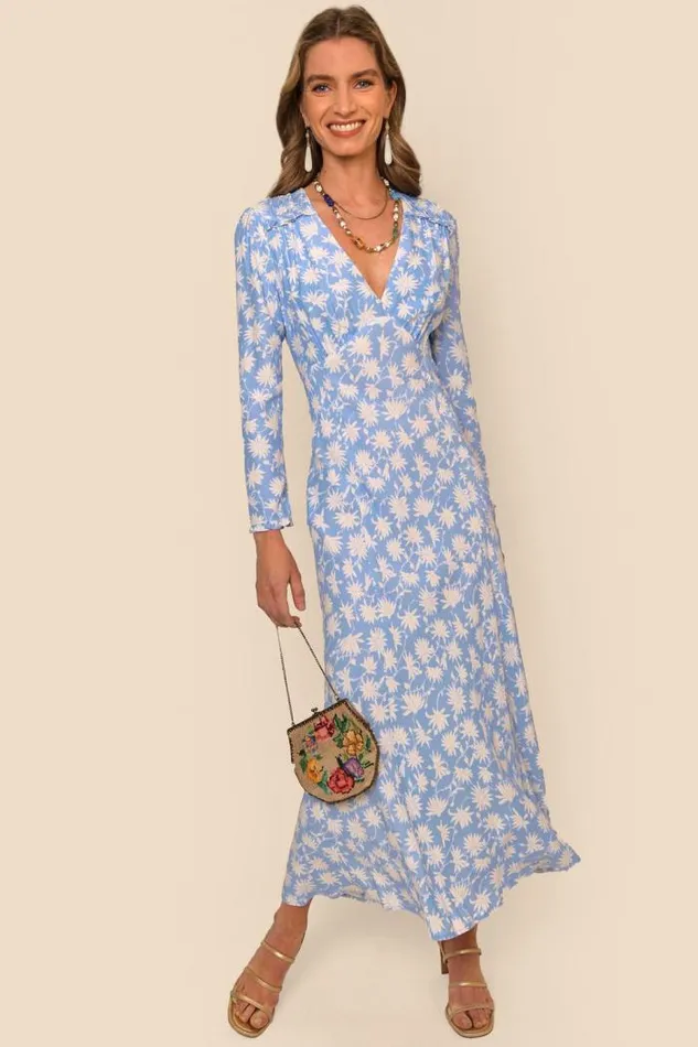 Rixo Dresses Women Clover Silk Midi Dress Vintage Daisy Blue