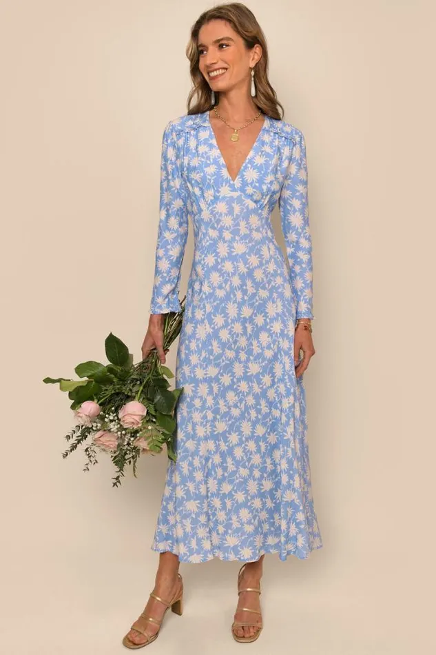 Rixo Dresses Women Clover Silk Midi Dress Vintage Daisy Blue