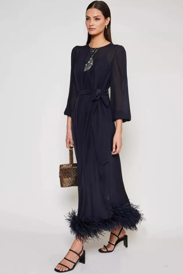 Rixo Dresses Women Ellodie Silk Maxi Dress Deep Navy Feather