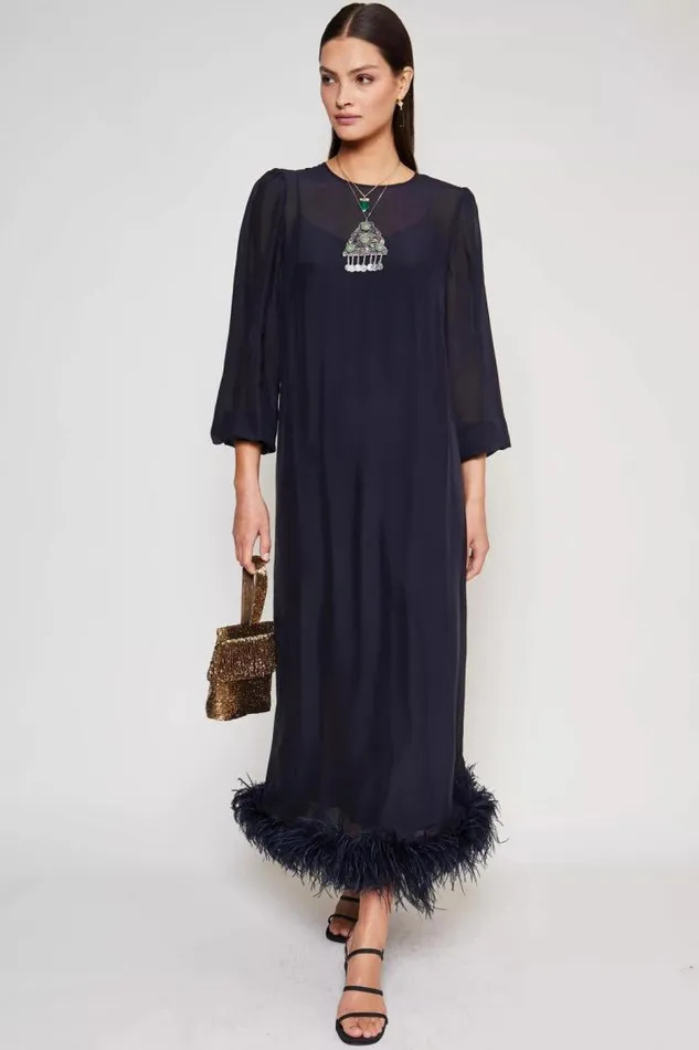 Rixo Dresses Women Ellodie Silk Maxi Dress Deep Navy Feather
