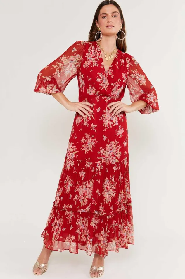 Rixo Dresses Women Elsie Chiffon Midi Dress Bouquet Floral Merlot