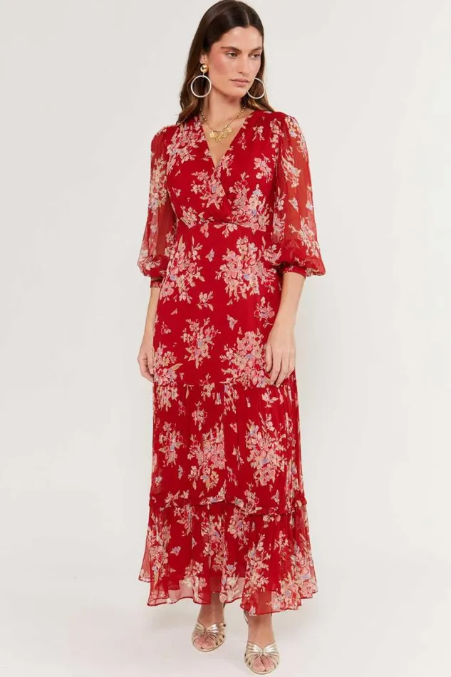 Rixo Dresses Women Elsie Chiffon Midi Dress Bouquet Floral Merlot