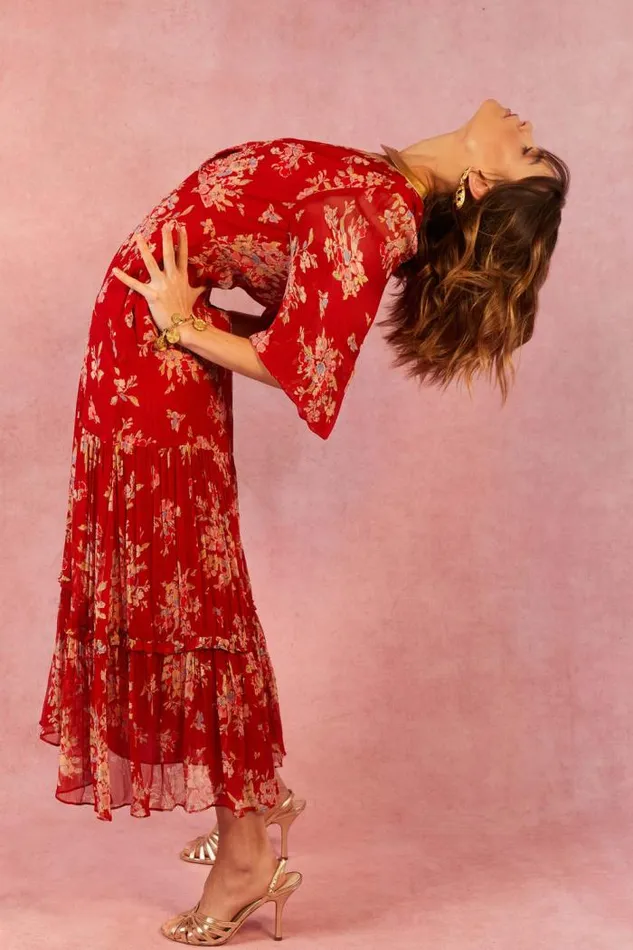Rixo Dresses Women Elsie Chiffon Midi Dress Bouquet Floral Merlot