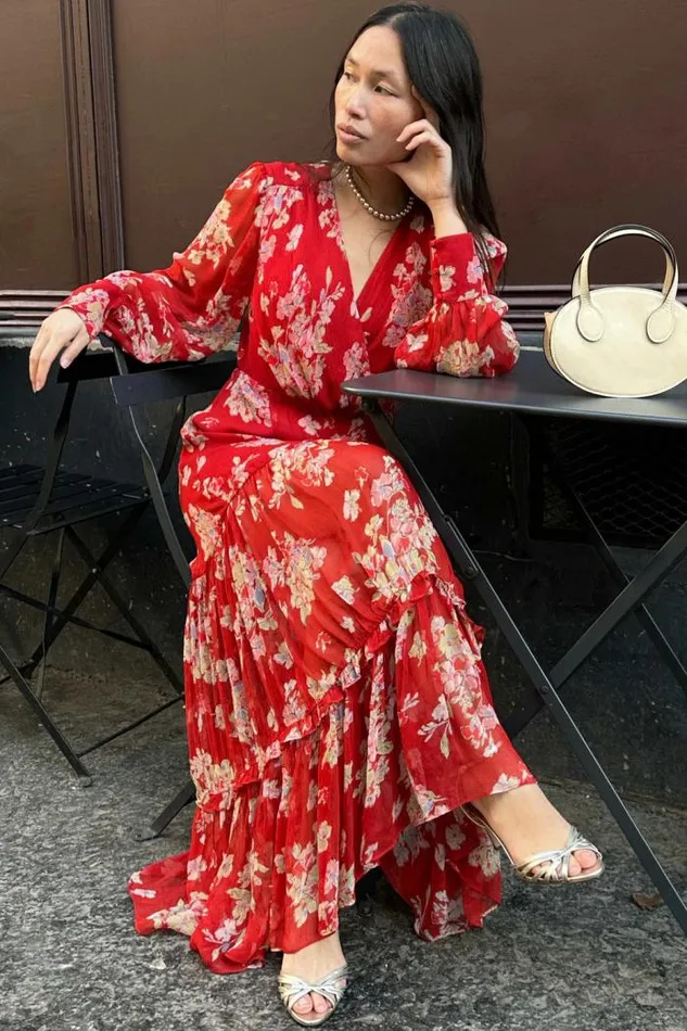 Rixo Dresses Women Elsie Chiffon Midi Dress Bouquet Floral Merlot