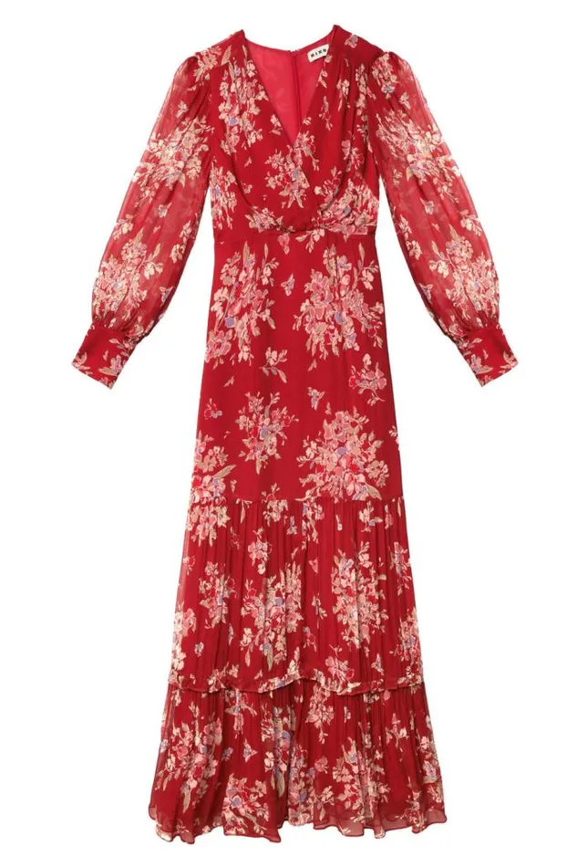 Rixo Dresses Women Elsie Chiffon Midi Dress Bouquet Floral Merlot
