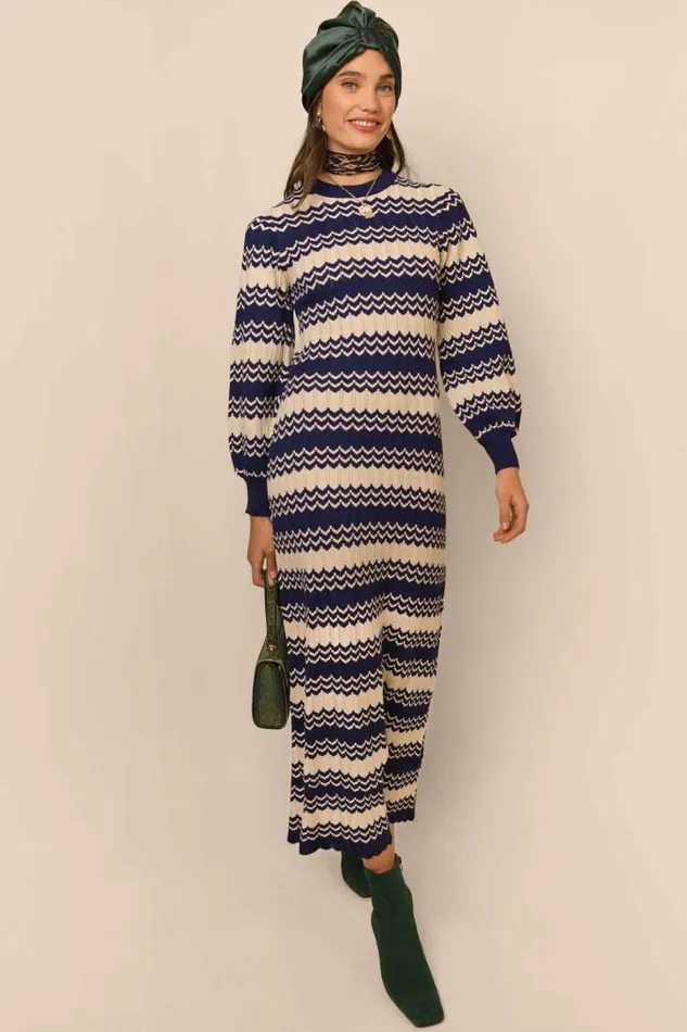 Rixo Dresses Women Elva Knitted Dress Navy Cream Chevron