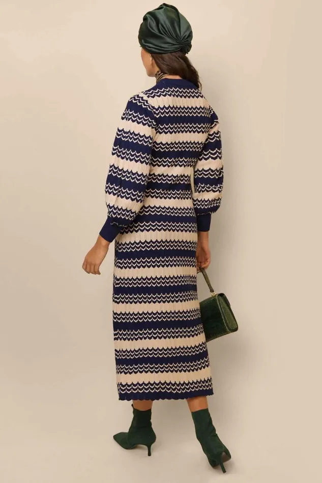 Rixo Dresses Women Elva Knitted Dress Navy Cream Chevron