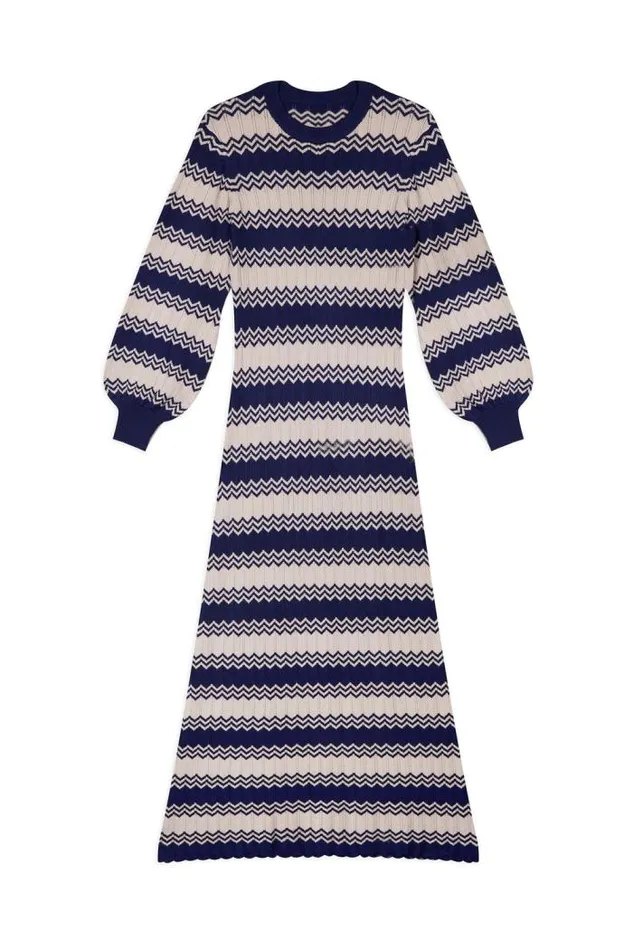 Rixo Dresses Women Elva Knitted Dress Navy Cream Chevron