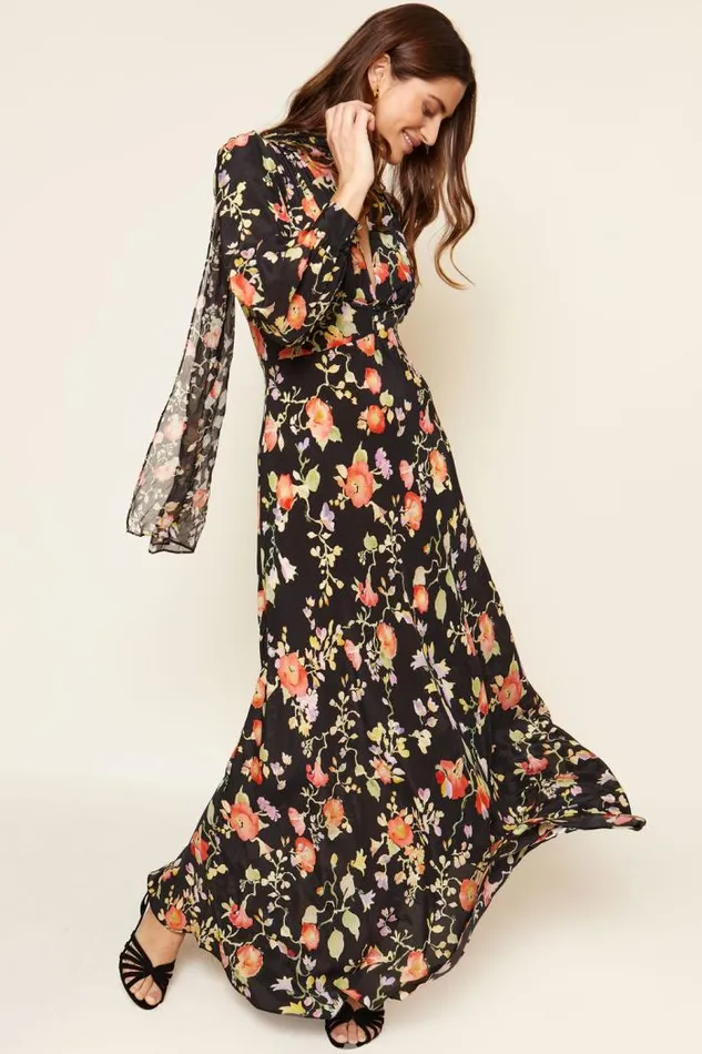 Rixo Dresses Women Emory Silk Gown Waterblossom Noir