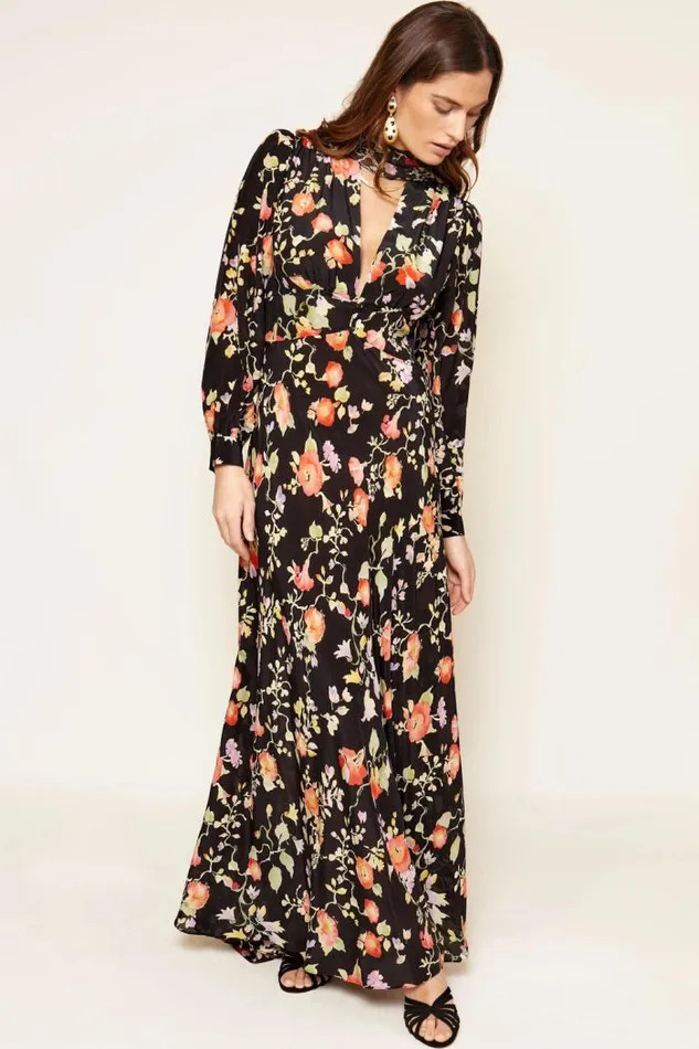 Rixo Dresses Women Emory Silk Gown Waterblossom Noir