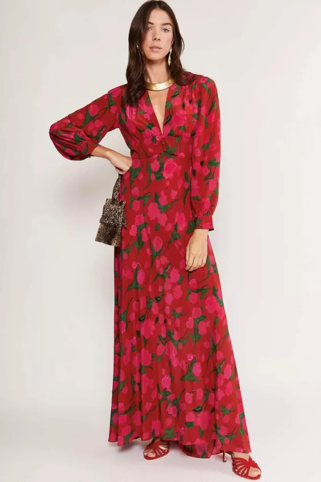 Rixo Dresses Women Emory Silk Maxi Dress Fontainhas Floral Red