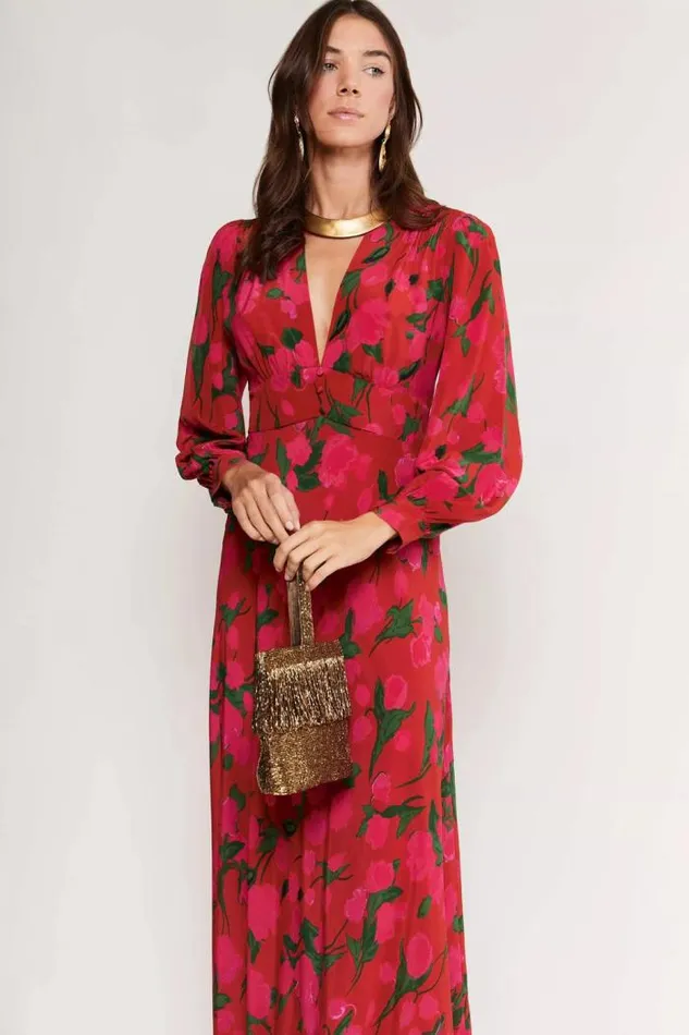 Rixo Dresses Women Emory Silk Maxi Dress Fontainhas Floral Red