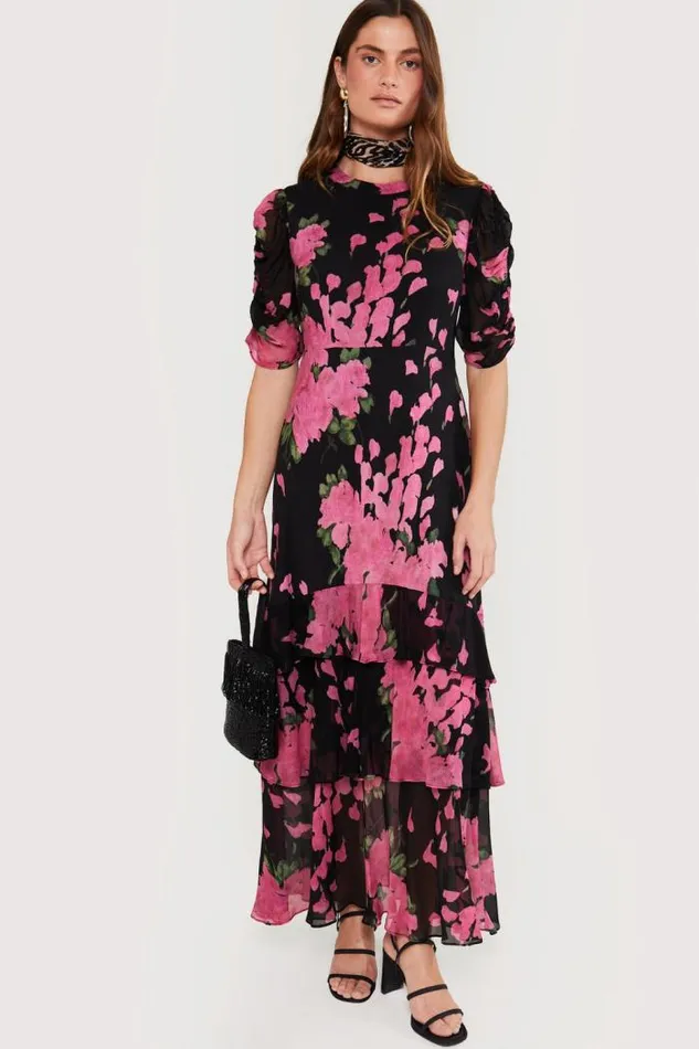Rixo Dresses Women Evelyn Tiered Midi Dress Blossom Pink