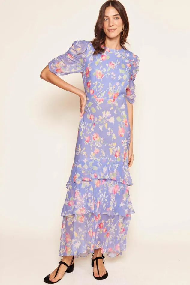 Rixo Dresses Women Evelyn Tiered Midi Dress Waterblossom Provence