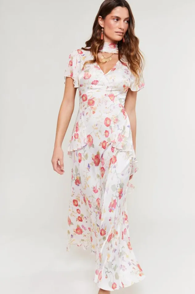 Rixo Dresses Women Evie Ruffled Midi Dress Waterblossom Ivory