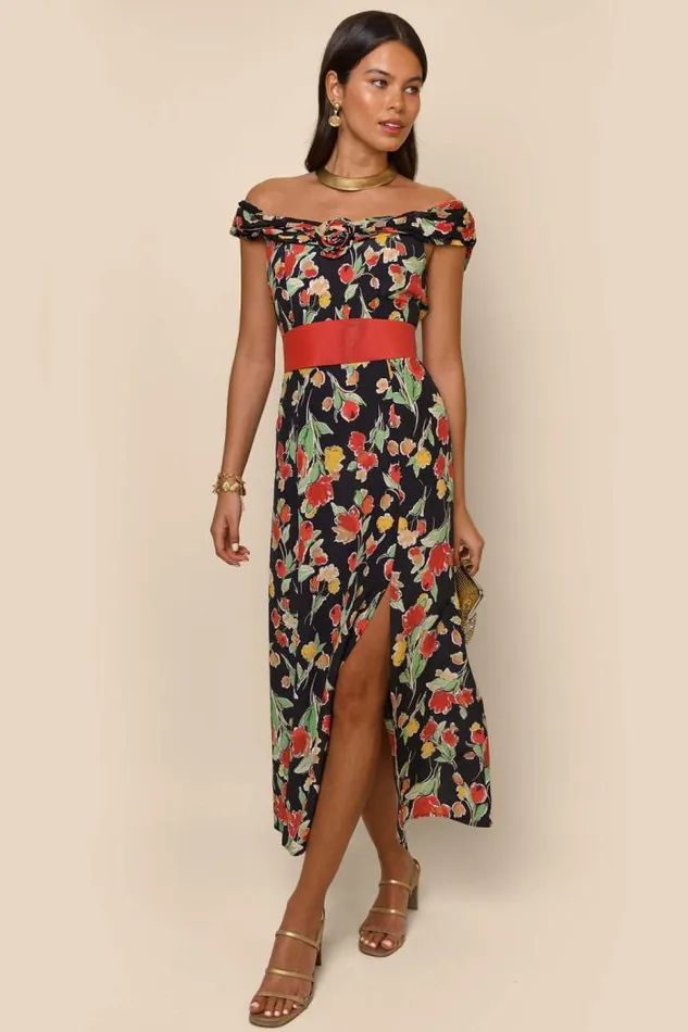 Rixo Dresses Women Freya Silk Midi Dress Fontainhas Floral Black