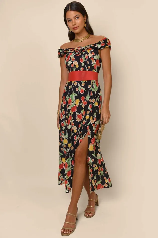 Rixo Dresses Women Freya Silk Midi Dress Fontainhas Floral Black