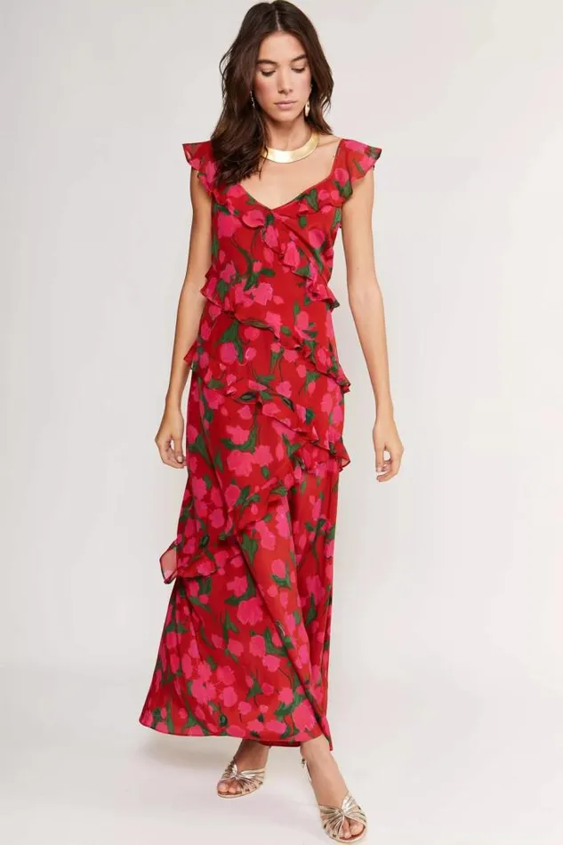 Rixo Dresses Women Gail Silk Midi Dress Fontainhas Floral Red