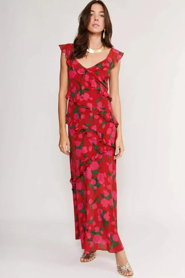 Rixo Dresses Women Gail Silk Midi Dress Fontainhas Floral Red