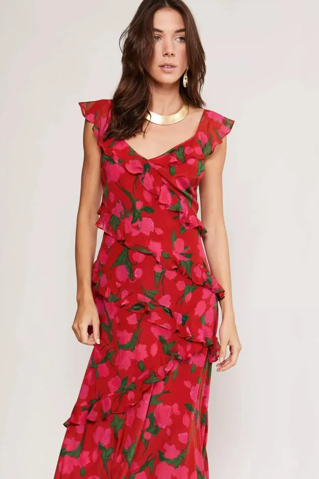 Rixo Dresses Women Gail Silk Midi Dress Fontainhas Floral Red