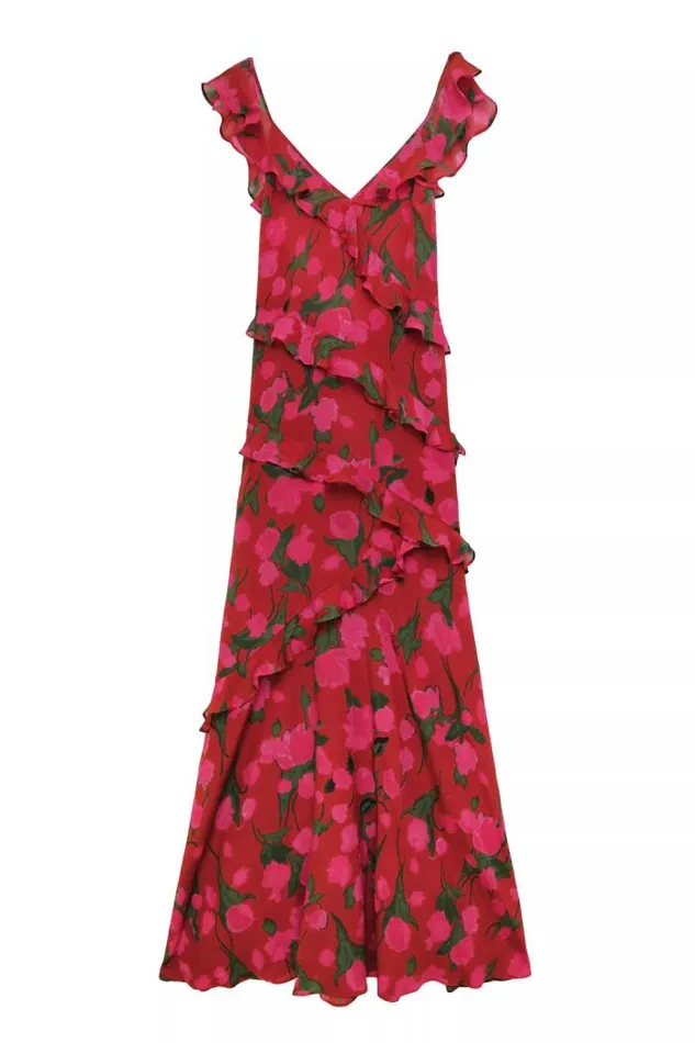 Rixo Dresses Women Gail Silk Midi Dress Fontainhas Floral Red