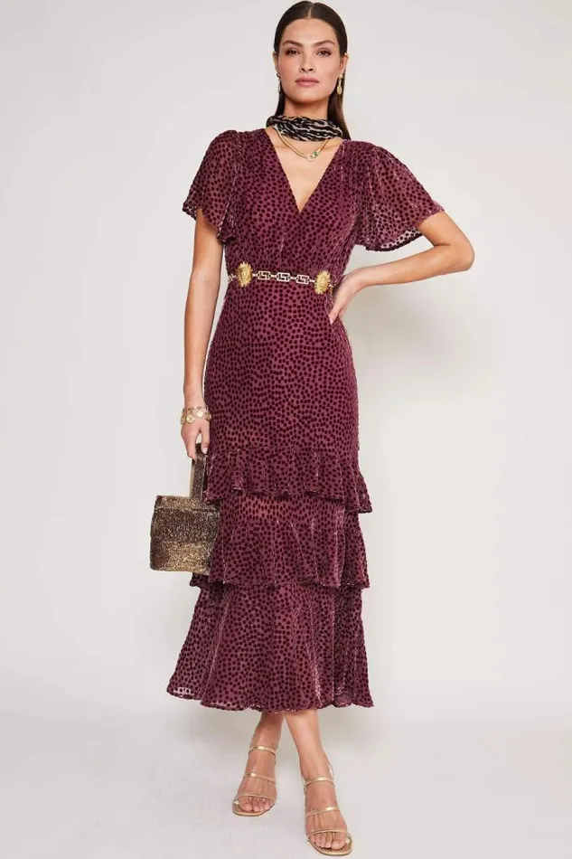 Rixo Dresses Women Gilly Flocked Maxi Dress Scatter Devore Bordeaux
