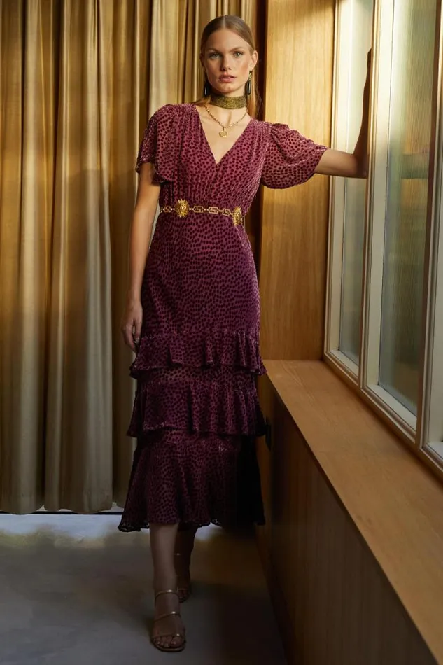 Rixo Dresses Women Gilly Flocked Maxi Dress Scatter Devore Bordeaux