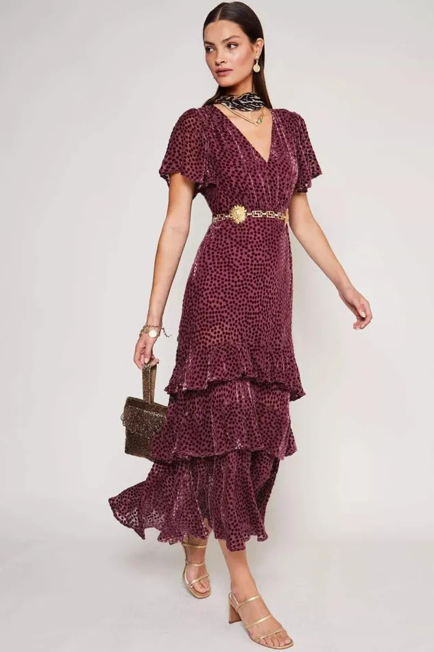 Rixo Dresses Women Gilly Flocked Maxi Dress Scatter Devore Bordeaux