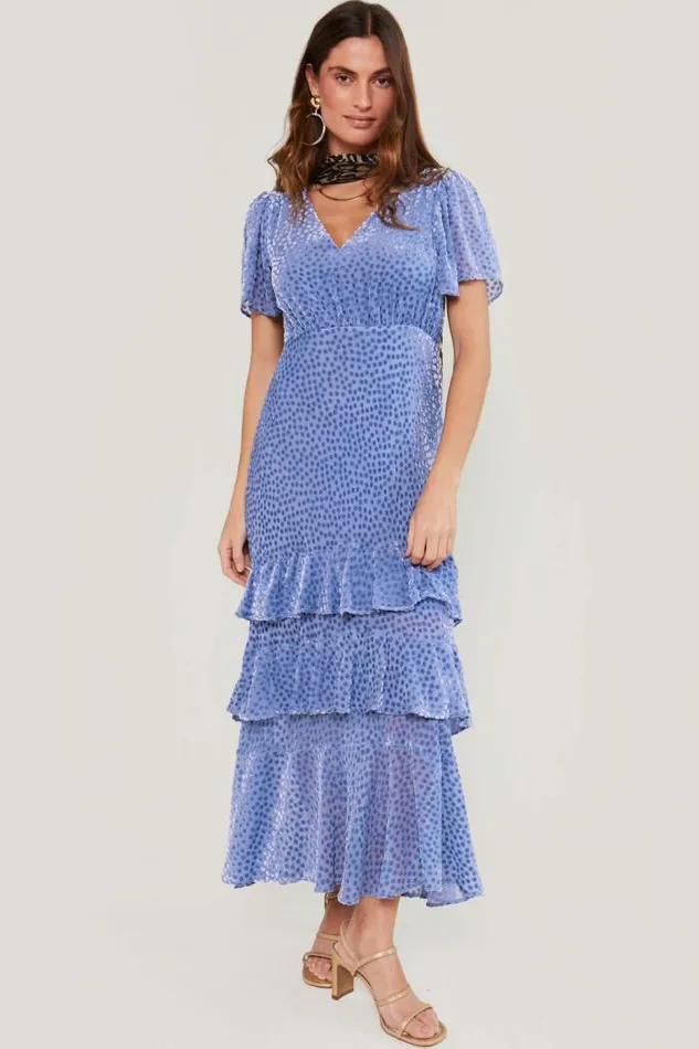 Rixo Dresses Women Gilly Flocked Maxi Dress Scatter Devore Slate Blue