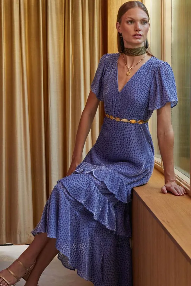 Rixo Dresses Women Gilly Flocked Maxi Dress Scatter Devore Slate Blue