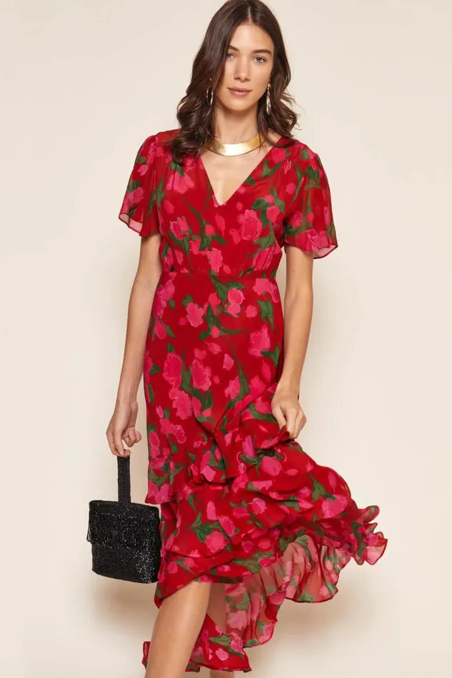 Rixo Dresses Women Gilly Midi Dress Fontainhas Floral Red