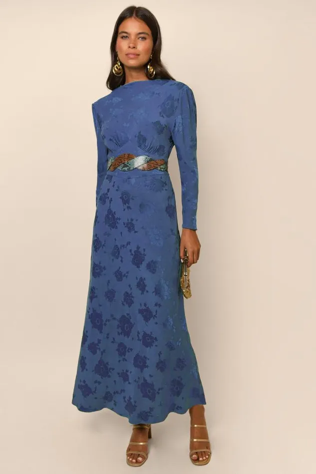 Rixo Dresses Women Ginger Midi Dress Steel Blue Poppy Jacquard