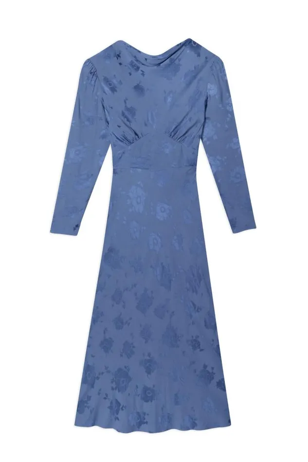 Rixo Dresses Women Ginger Midi Dress Steel Blue Poppy Jacquard