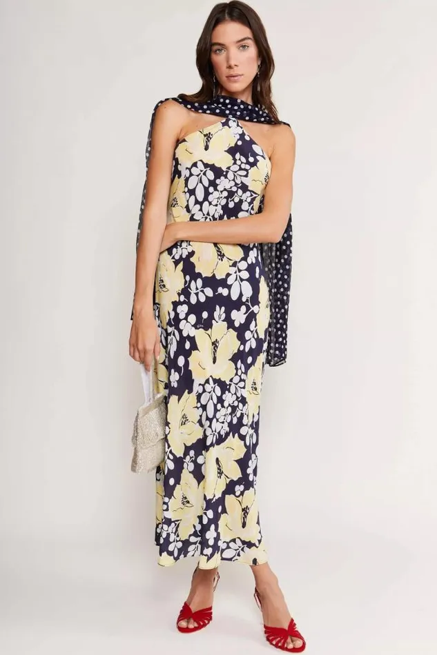 Rixo Dresses Women Hayley Silk Midi Dress Umbrella Floral Navy Mix